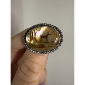 Vintage Hand Painted Mother Of Pearl Deer Oval Pin Brooch Landscape Woods Rate